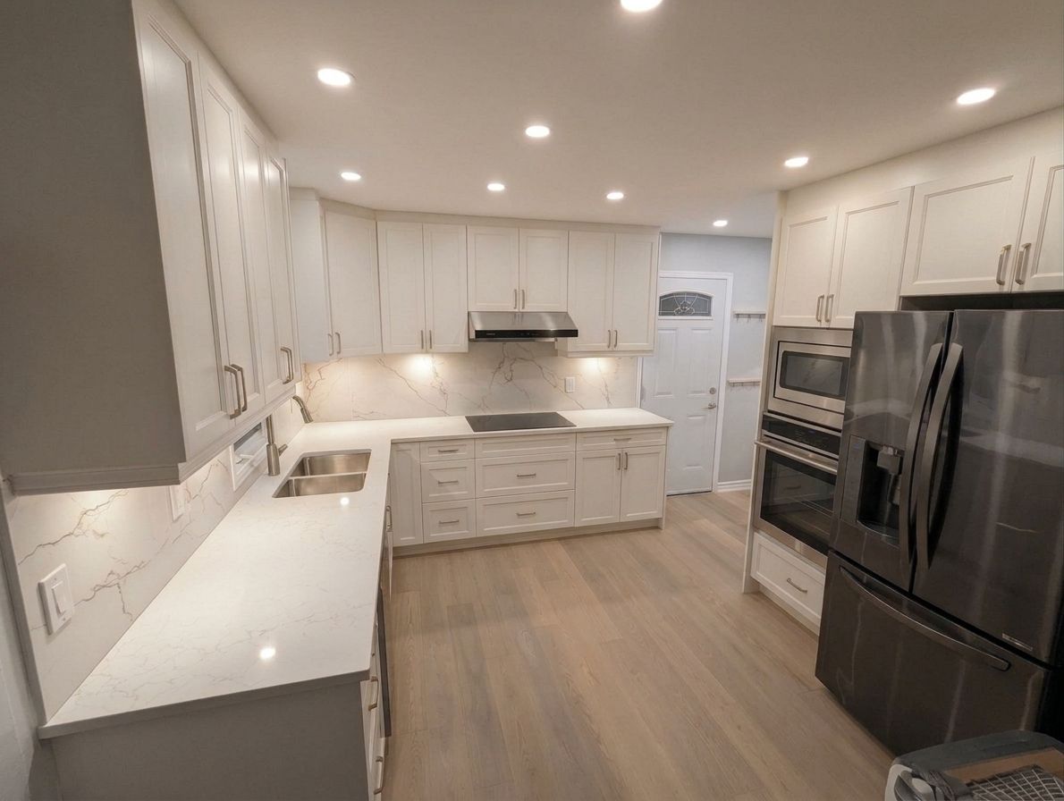 L-shaped kitchen with Aline Shaker White cabinets and white counters