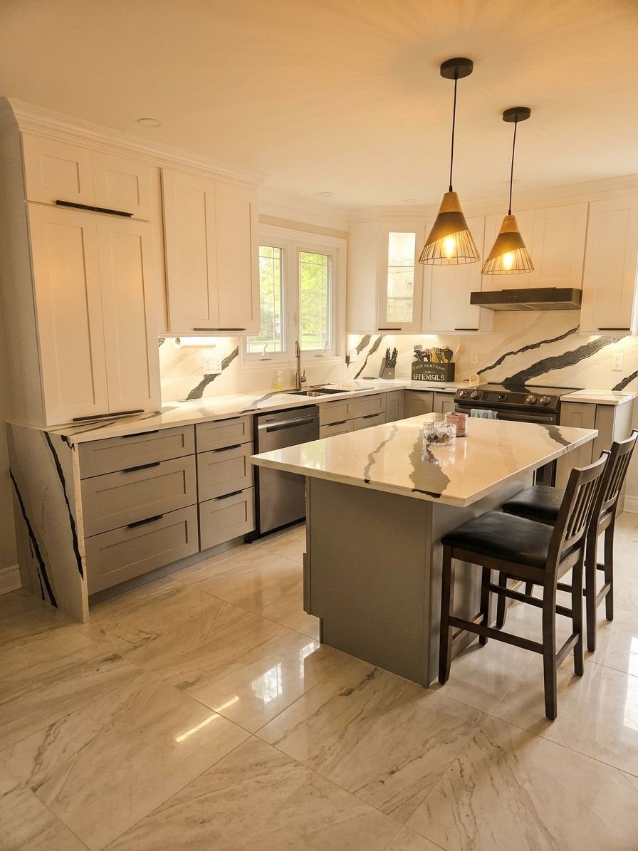 Kitchen with grey Shaker cabinets, a marble island and pendant lights
