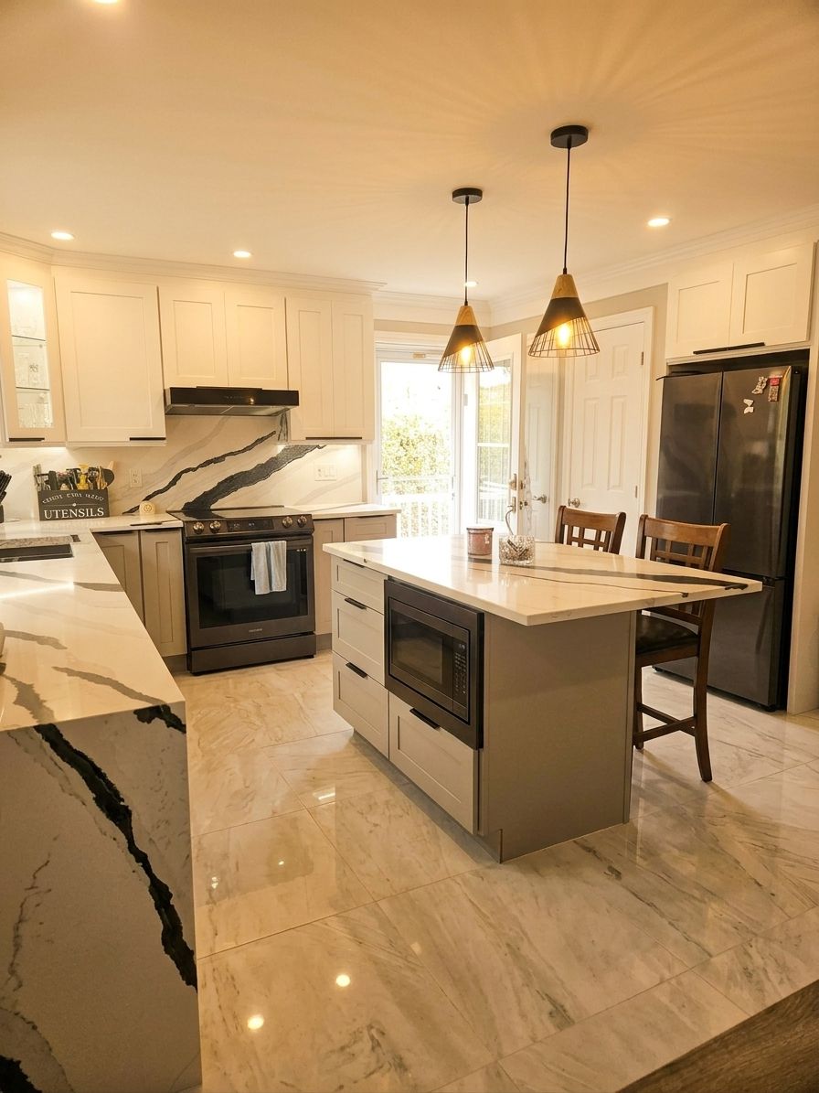 Grey Shaker kitchen with an island and bar stools