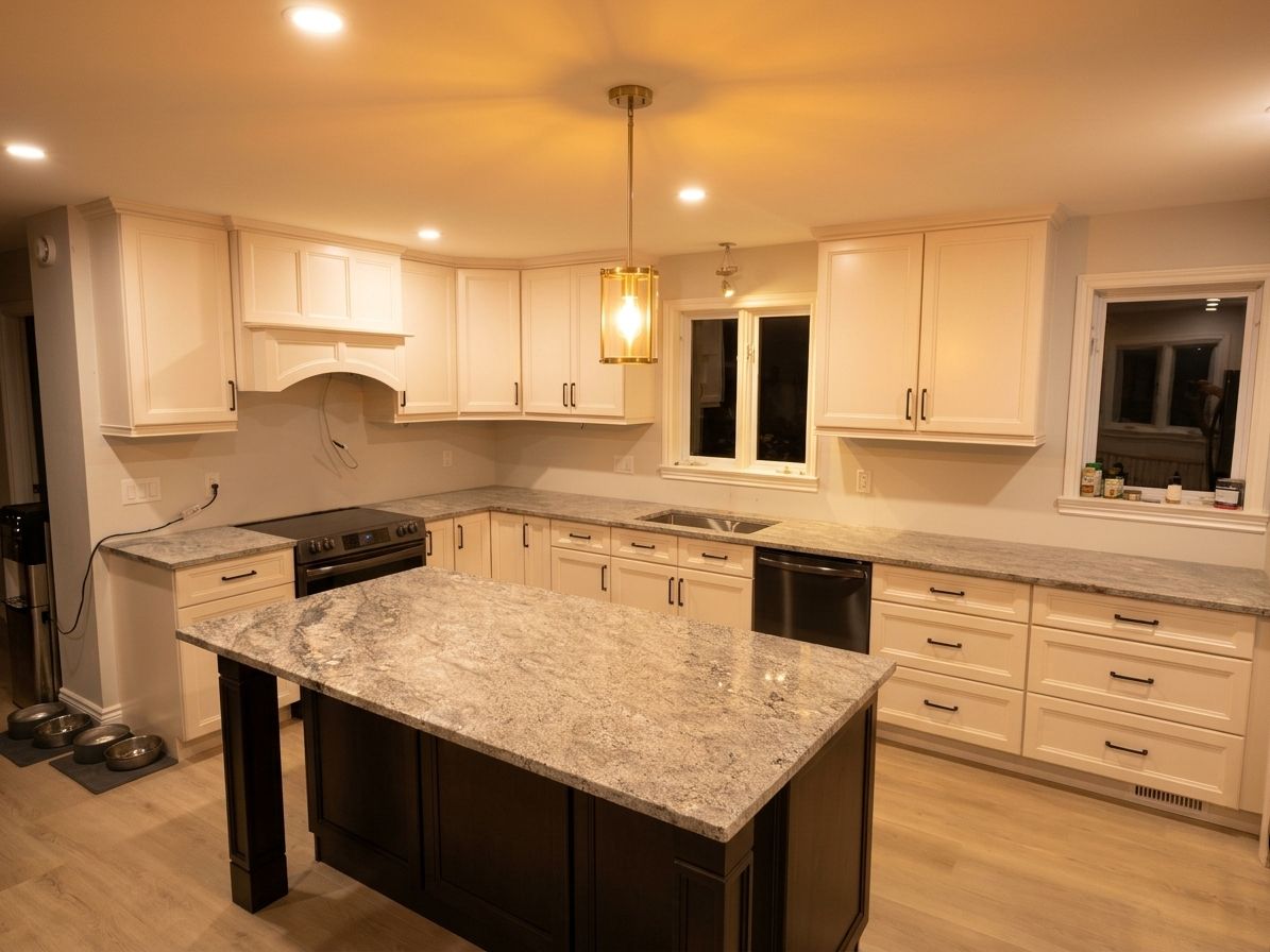 Kitchen with Canada Kitchen York White cabinets, a dark island and granite counters